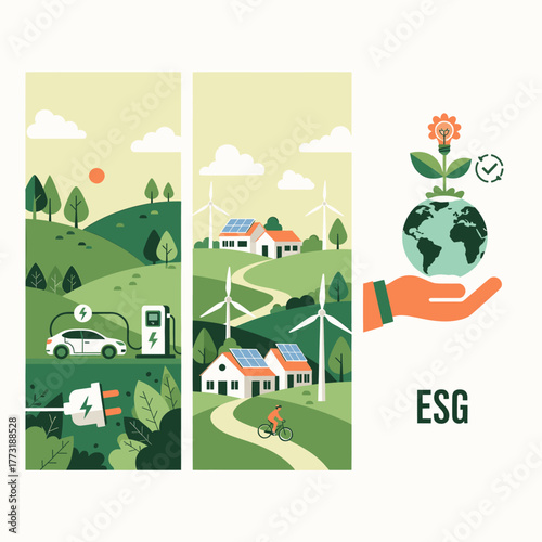 Sustainable energy and ecofriendly lifestyle with electric car, wind turbines, and green planet in hand