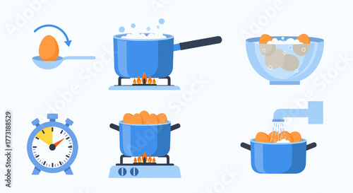 Stepbystep illustration of how to boil eggs, from placing the egg in water to cooling them down