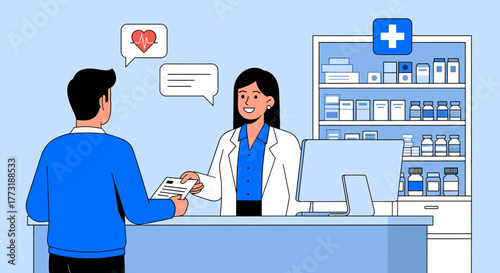 Pharmacist handing prescription to customer at counter with medicine shelves in background