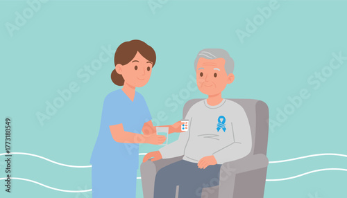 Healthcare worker assists smiling elderly patient with medication and water