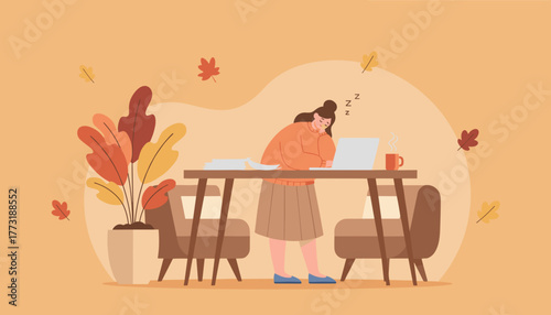 Woman asleep at her laptop desk showing work burnout and exhaustion during autumn season