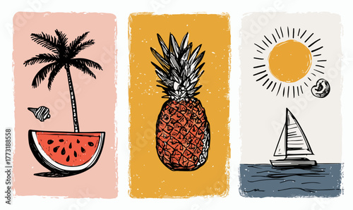 Ensemble de trois illustrations vectorielles sur le thème de l'été avec une pastèque, un ananas et un voilier.