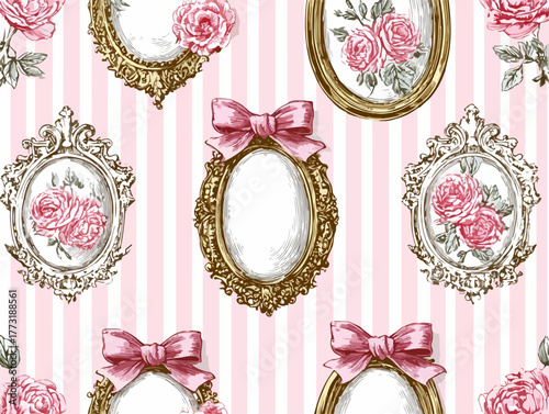 Cadre baroque vintage orné de roses roses et de nœuds roses sur fond rayé rose et blanc.