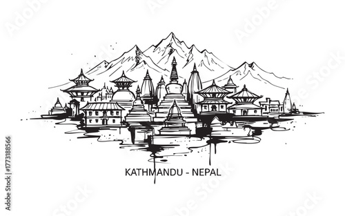 Kathmandu Nepal Temple Stupa Mountain Engraving Vector Illustration