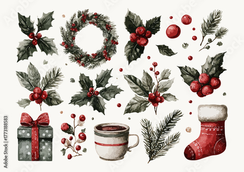 Ensemble d'éléments décoratifs et festifs de Noël peints à l'aquarelle pour une ambiance chaleureuse.