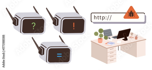 Robots analyze and flag URL issues with symbols. Nearby office desk setup represents decision-making, teamwork, and programming. Ideal for cybersecurity, automation, troubleshooting, AI tech, IT