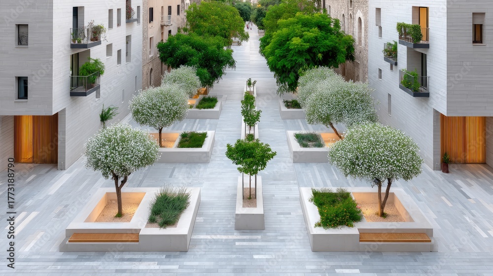 Fototapeta premium Top Down Drone Photo of Modern Urban Landscaping with White Buildings Lined With Trees and Greenery Under Natural Sunlight