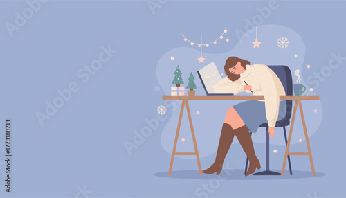 Burnout Tired woman sleeping while working on a laptop during the busy holiday season