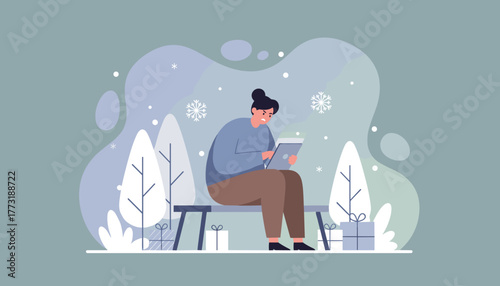 Stressed person using tablet outdoors in winter surrounded by gifts Holiday deadline pressure