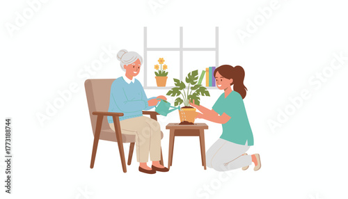 Caregiver assists senior woman with gardening activity promoting elderly care and active living