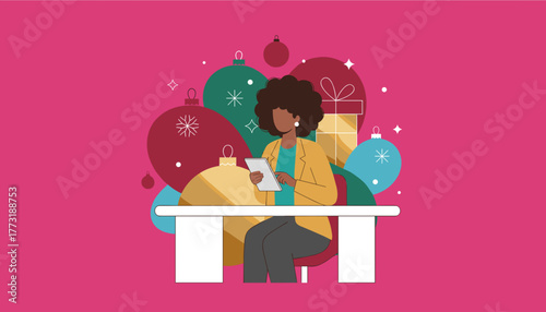 Black businesswoman uses tablet for holiday planning surrounded by Christmas ornaments and gifts