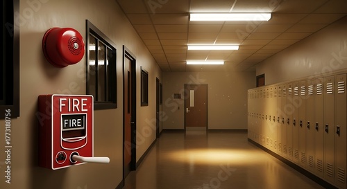 School Hallway Fire Safety - Alarm and Pull Station.