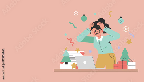 Stressed businesswoman overwhelmed by holiday workload and deadlines at her desk Flat vector