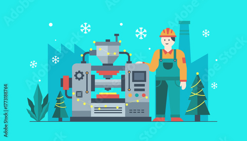 Worker celebrating Christmas in a factory industrial machine decorated with festive lights and snow