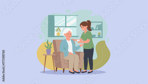 Professional caregiver assists happy senior woman with medication at home