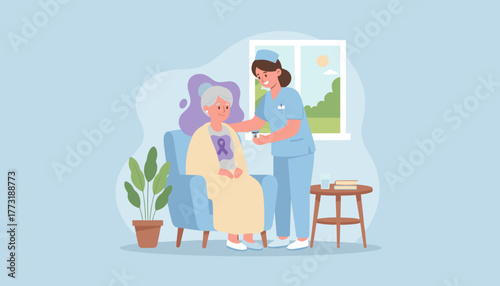 Nurse caring for senior woman with purple awareness ribbon symbolizing health support and hope