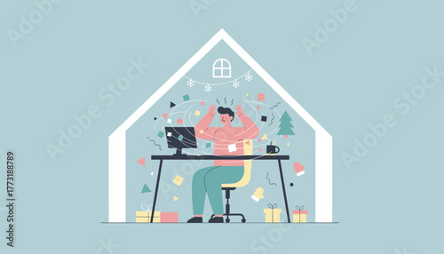 Stressed worker struggling with holiday chaos and remote work pressure at home