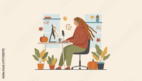 A person podcasting or working remotely in a cozy autumnthemed home office illustration