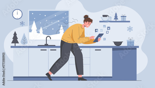Stressed woman overwhelmed by social media notifications on a tablet in a cozy winter kitchen