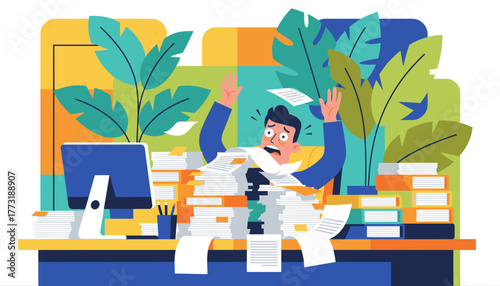 Stressed office worker buried in stacks of documents illustrating burnout and bureaucracy