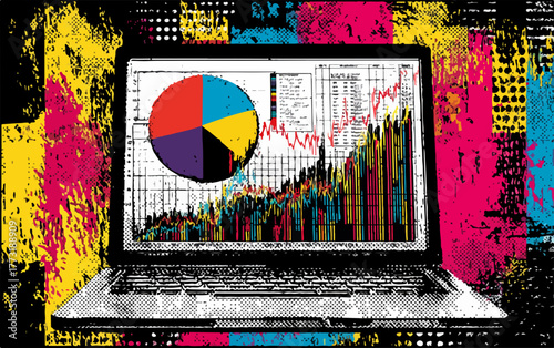 Graphiques d'analyse de données sur un écran d'ordinateur portable avec un fond éclaboussé de couleurs vives.