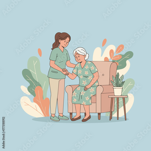 Professional caregiver assists happy senior woman in armchair Elderly support and health care service