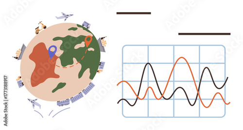 Earth with transport elements, pins representing routes, and a line chart. Ideal for supply chain, trade, analytics, strategy, planning tracking and business growth. Simple flat metaphor