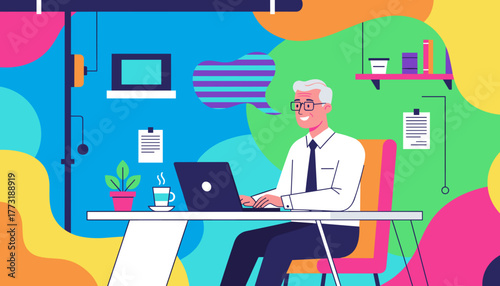 Smiling senior professional works on laptop at desk in a vibrant office illustration Business concept