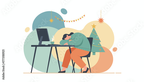 Woman suffering burnout and stress collapsed on her work desk during the busy Christmas season