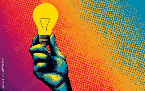 Main lumineuse tenue dans une main sur un fond coloré, symbole d'une idée créative et d'innovation