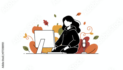 Autumn remote work or podcasting Woman at computer with fall decoration and mic