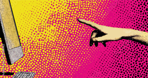 Une main tendue vers un écran d'ordinateur avec un fond abstrait coloré