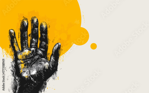 Main levée avec une bulle de pensée jaune abstraite, symbolisant une idée ou une question.