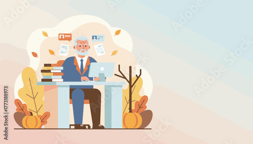 Elderly professional working on computer in an autumnthemed office setting