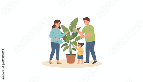 Family teamwork Parents and child caring for a potted tropical houseplant Home gardening hobby
