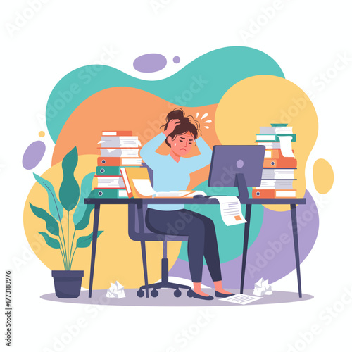 Stressed businesswoman overwhelmed by paperwork and deadline pressure in the office