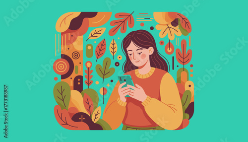 Woman using smartphone in stylized autumn illustration Digital communication and fall season concept