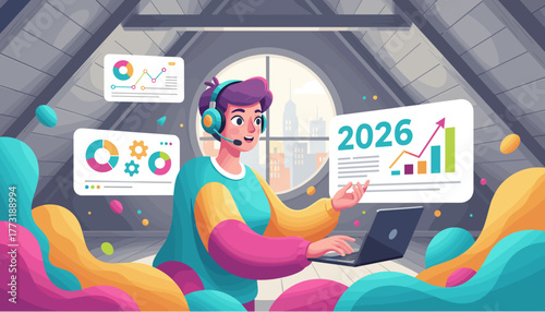 Remote worker analyzing 2026 business growth data and success strategy in a virtual loft