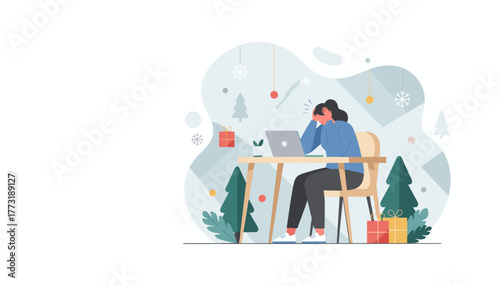 Stressed woman at desk with laptop overwhelmed by holiday work pressure and Christmas deadlines
