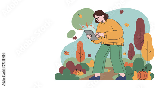 Angry woman using a glitchy tablet outdoors during autumn Technology frustration