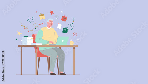 Stressed senior man working on a laptop during the holidays overwhelmed by tasks and festive stress