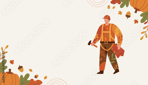 Autumn worker illustration for home repair services surrounded by fall leaves and pumpkins