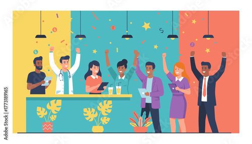 Diverse professional team celebrates success with raised fists and confetti at an office party