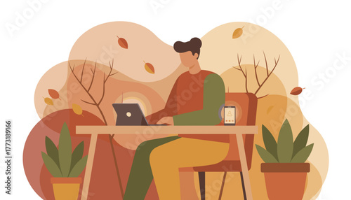Man working remotely on tablet in a cozy autumn environment Flat vector illustration