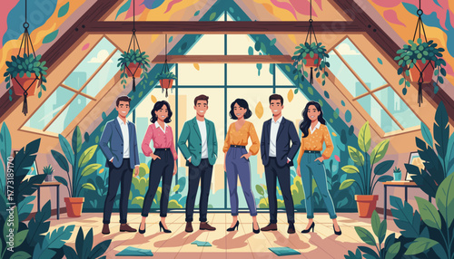 Smiling professional team in a bright modern office with a biophilic design and abundant plants