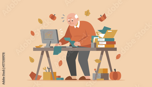 Stressed senior man struggling with bills and complex computer work at an overwhelming home office desk