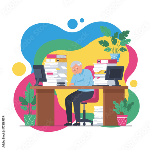 Exhausted senior employee dealing with excessive workload and bureaucracy in a stressful office