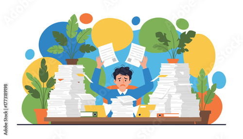 Stressed businessman overwhelmed by mountains of paperwork and office bureaucracy