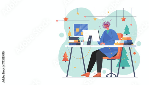 Holiday stress Employee overwhelmed by work and deadlines at a festive office desk