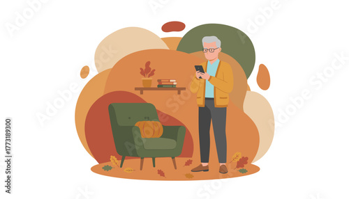 Elderly man using smartphone in a cozy fall living room setting with pumpkin Technology and autumn comfort